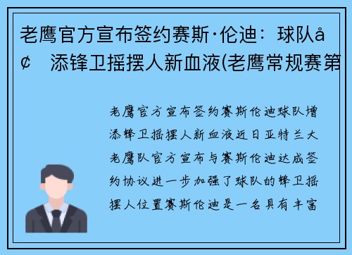 老鹰官方宣布签约赛斯·伦迪：球队增添锋卫摇摆人新血液(老鹰常规赛第一)